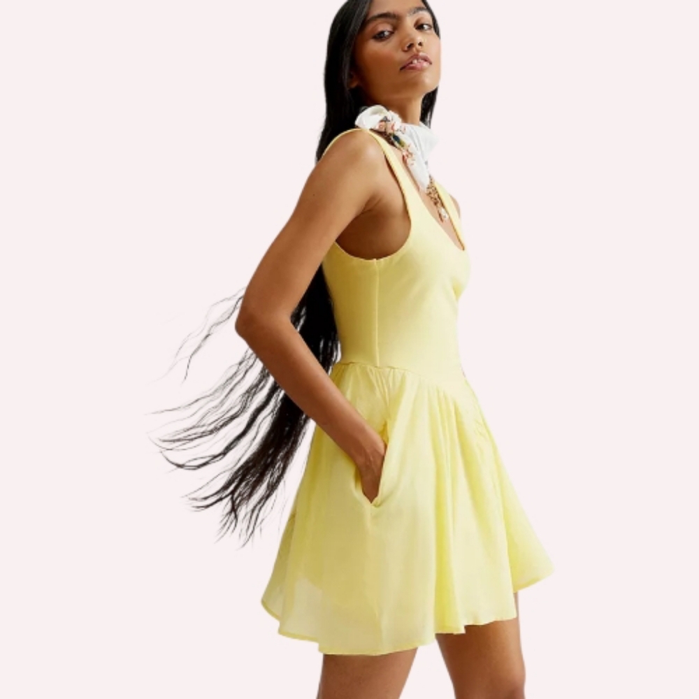 silence + noise UO Daphne Drop Waist Mini Dress Yellow L